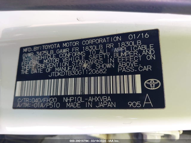 Toyota Prius C One 2016 JTDKDTB30G1120682 Image 9