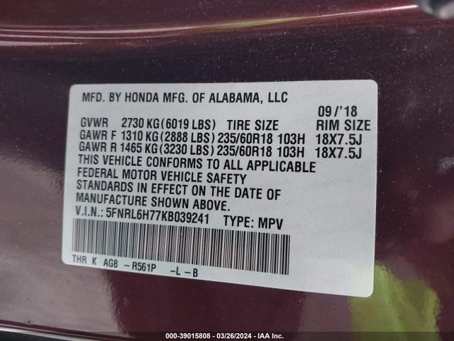 Honda Odyssey Ex-l 2019 5FNRL6H77KB039241 Image 9