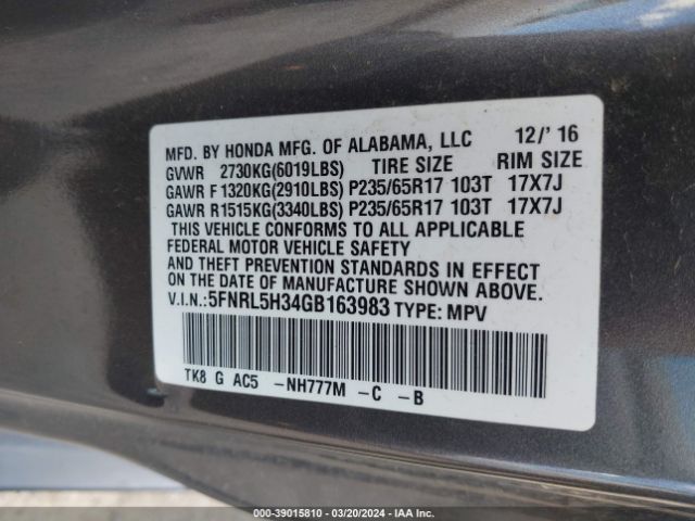 5FNRL5H34GB163983 Honda ODYSSEY SE