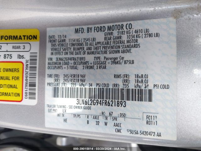 3LN6L2G94FR621893 Lincoln MKZ