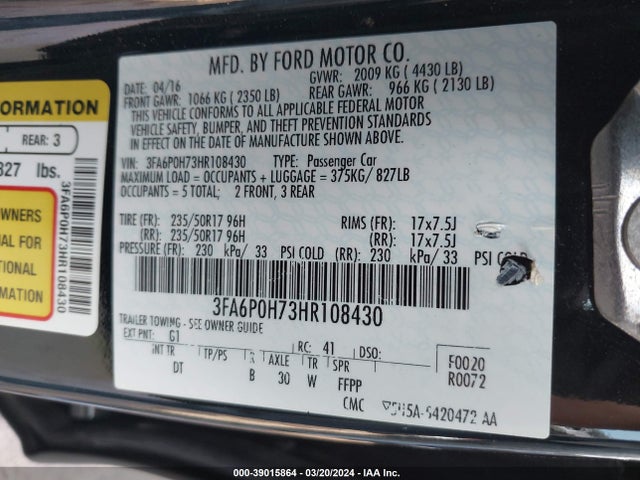 Ford FUSION SE 2017 3FA6P0H73HR108430 Image 9