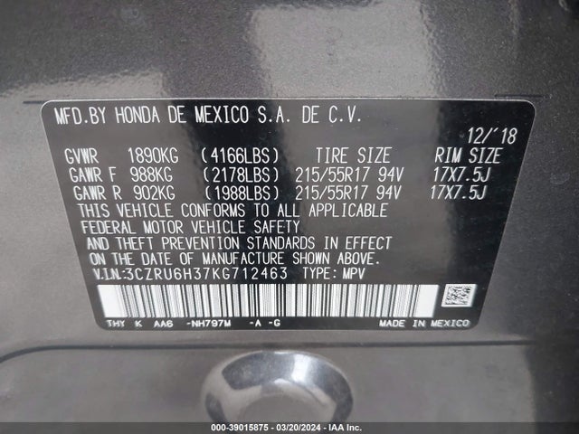 Honda HR-V LX 2019 3CZRU6H37KG712463 Image 9