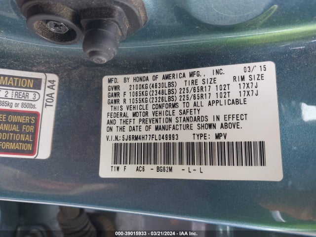 Honda Cr-v Ex-l 2015 5J6RM4H77FL049993 Image 9