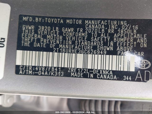 Toyota COROLLA LE 2016 2T1BURHE3GC626949 Image 9