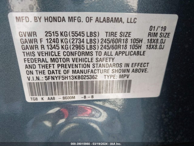 Honda PILOT LX 2019 5FNYF5H13KB025362 Image 9