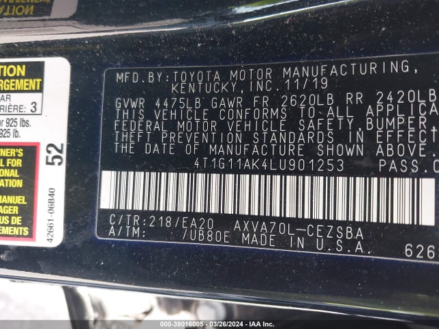 Toyota CAMRY SE 2020 4T1G11AK4LU901253 Image 9