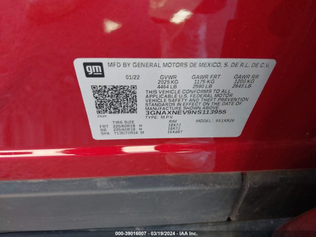 3GNAXNEV9NS113955 Chevrolet Equinox Fwd Premier
