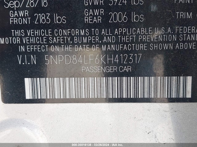 Hyundai ELANTRA SEL 2019 5NPD84LF6KH412317 Image 9