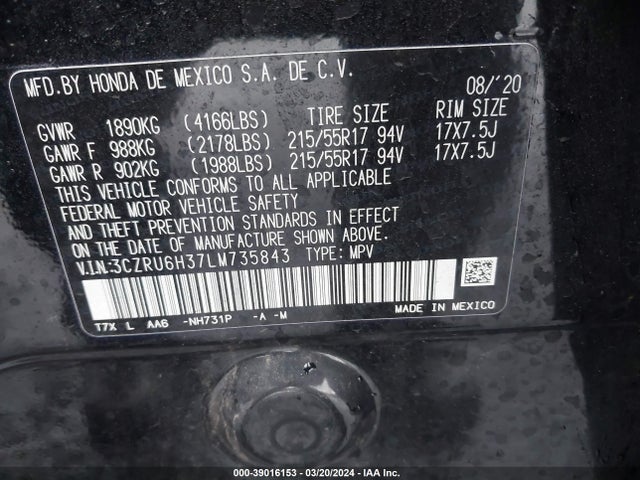 Honda Hr-v Awd Lx 2020 3CZRU6H37LM735843 Image 9