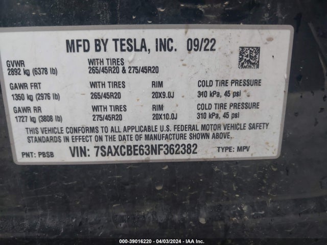7SAXCBE63NF362382 Tesla Model X Plaid Tri Motor All-wheel Drive