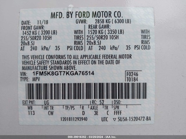 Ford EXPLORER SPORT 2019 1FM5K8GT7KGA76514 Image 9