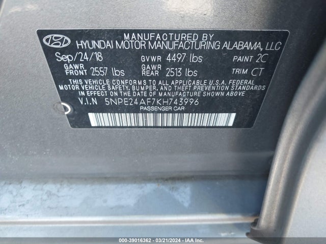 Hyundai SONATA SE 2019 5NPE24AF7KH743996 Image 9