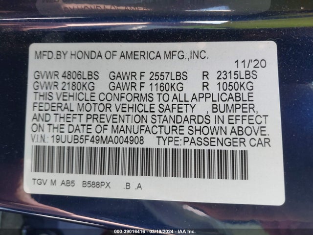 19UUB5F49MA004908 Acura Tlx Technology Package