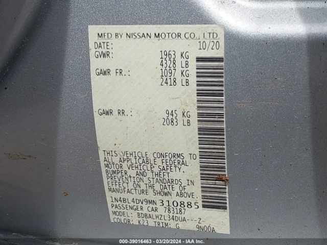 1N4BL4DV9MN310885 Nissan Altima Sv Fwd
