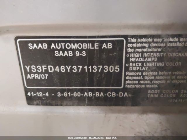 2007 SAAB 9-3 YS3FD46Y371137305 Photo 8