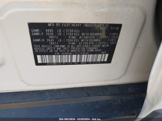 Subaru Outback 2.5i Limited 2016 4S4BSBLC7G3254930 Image 9