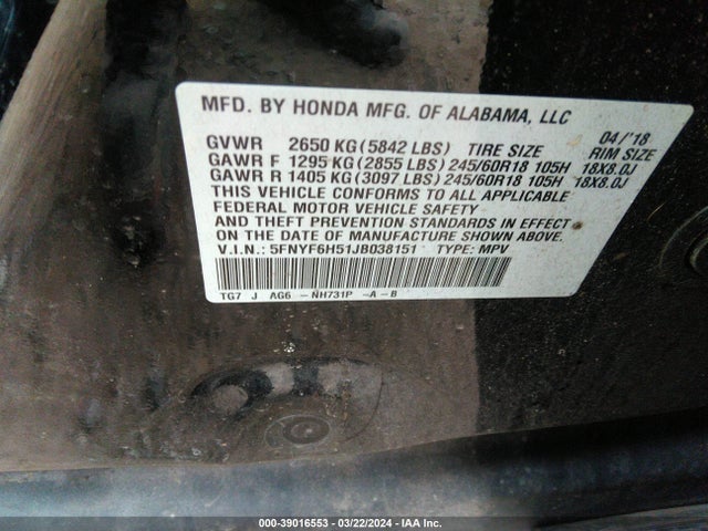 Honda Pilot Ex-l 2018 5FNYF6H51JB038151 Image 9