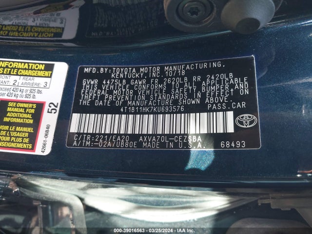 Toyota CAMRY SE 2019 4T1B11HK7KU693576 Image 9