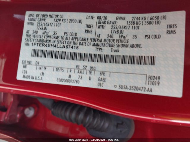 1FTER4EH4LLA67415 Ford Ranger Xlt