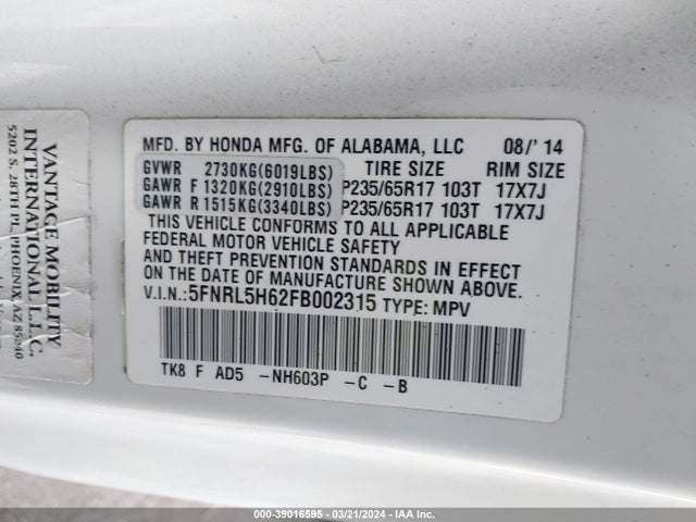 Honda Odyssey Ex-l 2015 5FNRL5H62FB002315 Image 9
