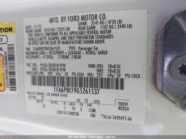 Ford MUSTANG GT 2016 1FA6P8CF9G5261537 Image 9