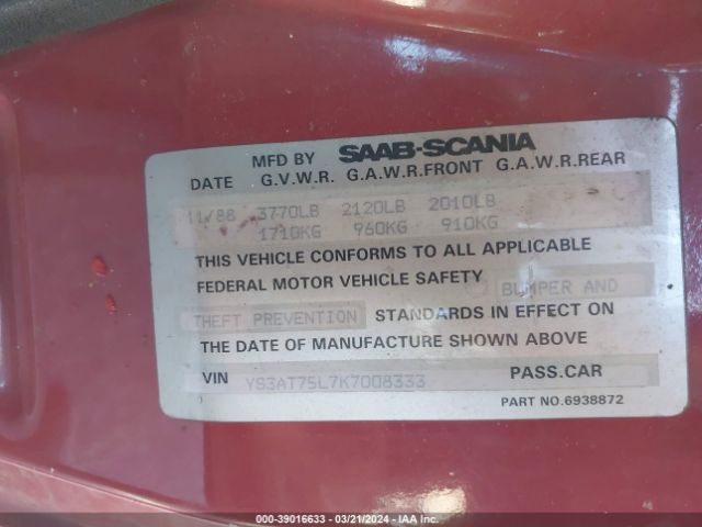 1989 SAAB 900 YS3AT75L7K7008333 Photo 8