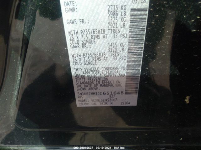 5N1DR2MM1JC651648 Nissan Pathfinder Sl