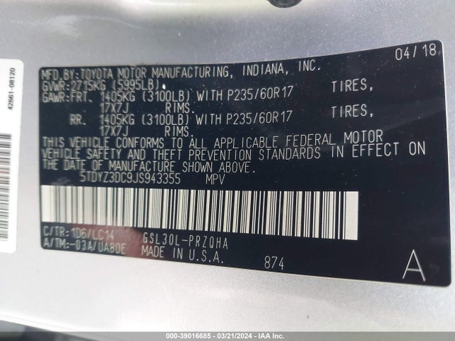 Toyota Sienna Xle 8 Passenger 2018 5TDYZ3DC9JS943355 Image 9