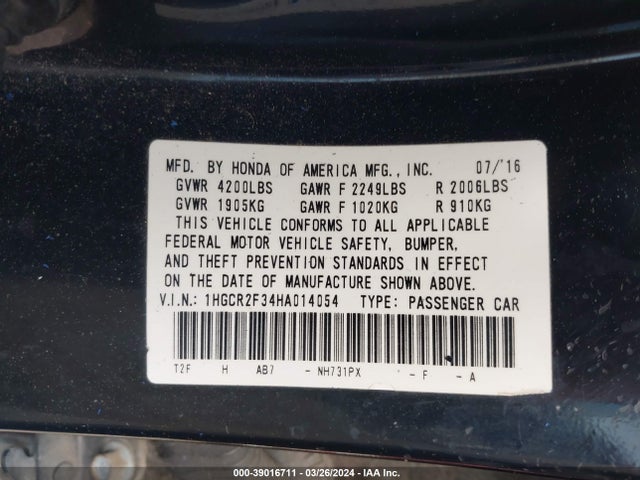 Honda ACCORD LX 2017 1HGCR2F34HA014054 Image 9