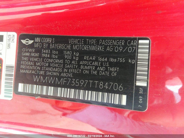 2007 MINI COOPER S WMWMF73597TT84706 Photo 8