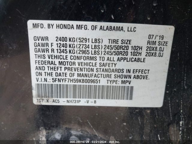 5FNYF7H59KB009651 Honda Passport Ex-l