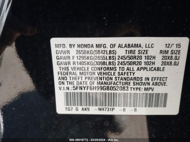 Honda Pilot Touring 2016 5FNYF6H99GB052083 Image 9