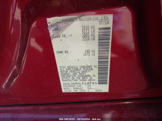 Nissan Altima 2015 1N4AL3AP0FN319795 Image 9