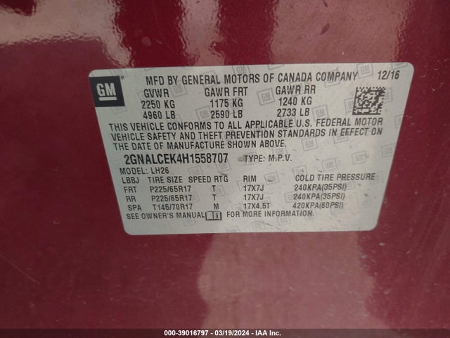 Chevrolet EQUINOX LT 2017 2GNALCEK4H1558707 Image 9