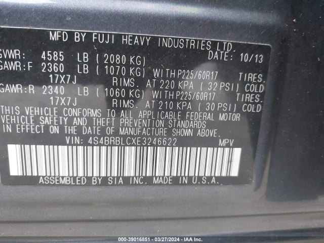 Subaru Outback 2.5i Limited 2014 4S4BRBLCXE3246622 Image 9