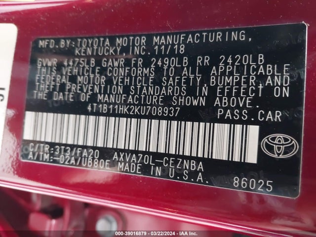 Toyota CAMRY LE 2019 4T1B11HK2KU708937 Image 9