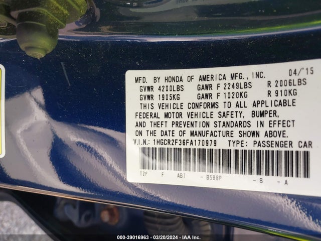 Honda ACCORD LX 2015 1HGCR2F36FA170979 Image 9