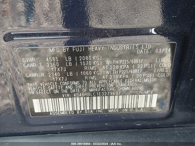 Subaru Outback 2.5i Limited 2014 4S4BRBLC1E3279637 Image 9