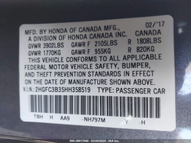 2HGFC3B35HH358519 Honda Civic Ex-t