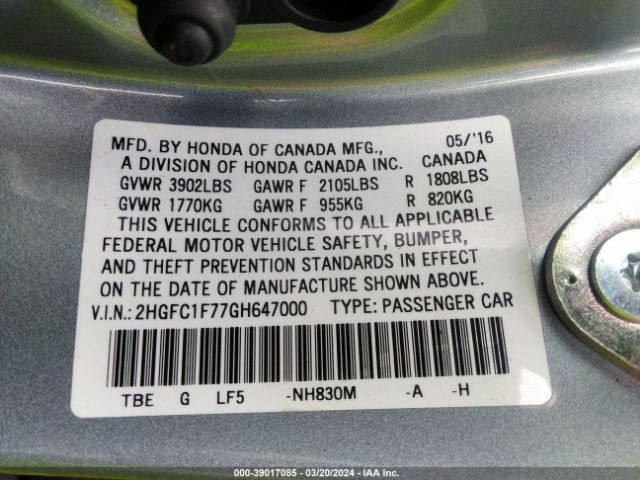 2HGFC1F77GH647000 Honda Civic Ex-l