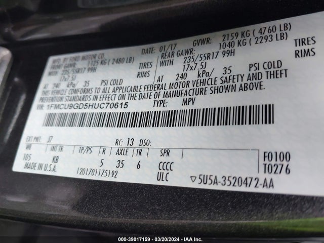Ford ESCAPE SE 2017 1FMCU9GD5HUC70615 Image 9
