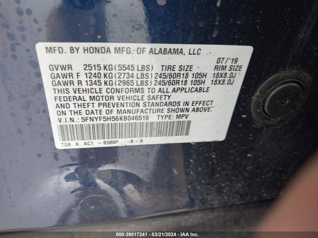 Honda Pilot Ex-l 2019 5FNYF5H56KB046516 Image 9