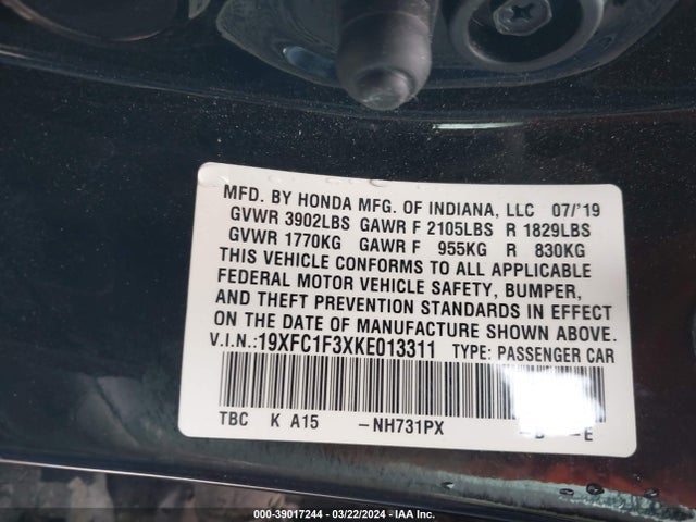 Honda CIVIC EX 2019 19XFC1F3XKE013311 Image 9