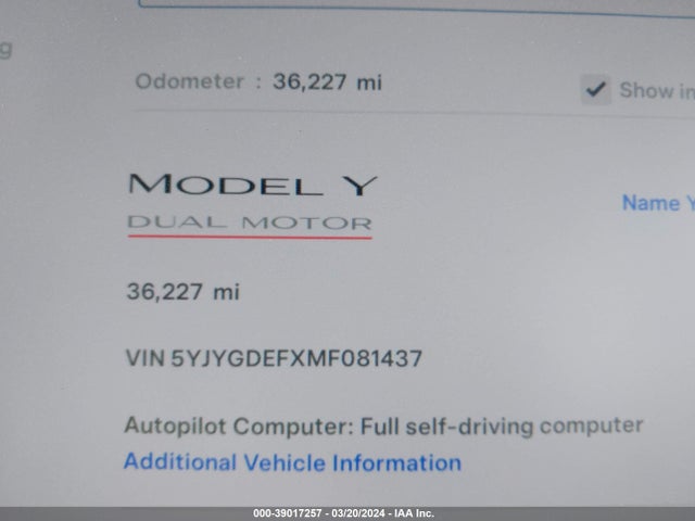 5YJYGDEFXMF081437 Tesla Model Y Performance Dual Motor All-wheel Drive