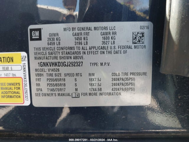 Chevrolet Traverse 2lt 2016 1GNKVHKD3GJ292327 Image 9