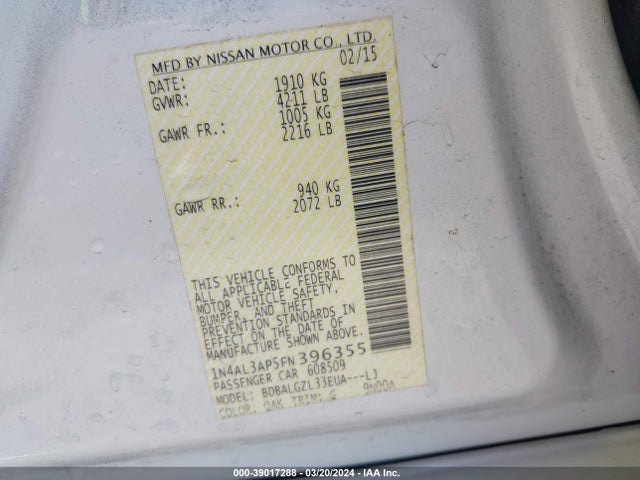 Nissan Altima 2.5 S 2015 1N4AL3AP5FN396355 Image 9