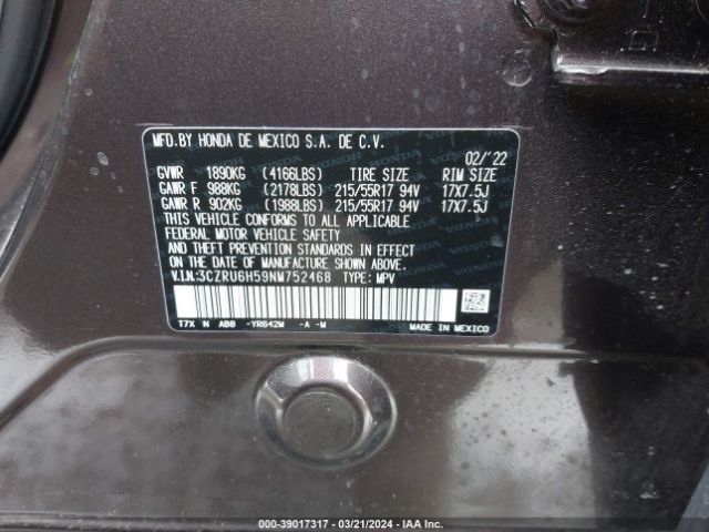 3CZRU6H59NM752468 Honda Hr-v Awd Ex