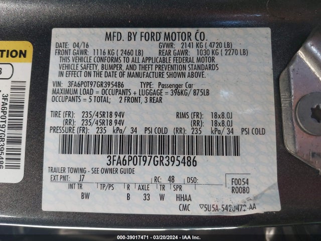Ford FUSION SE 2016 3FA6P0T97GR395486 Image 9