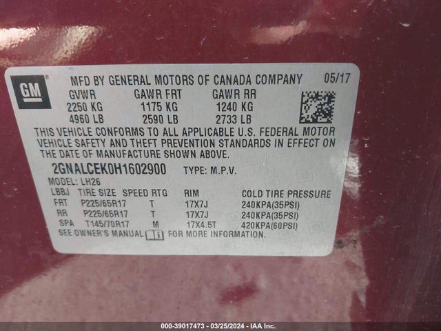 Chevrolet EQUINOX LT 2017 2GNALCEK0H1602900 Image 9
