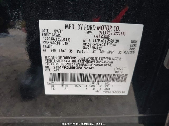 Ford EDGE SEL 2016 2FMPK3J96GBC52041 Image 9